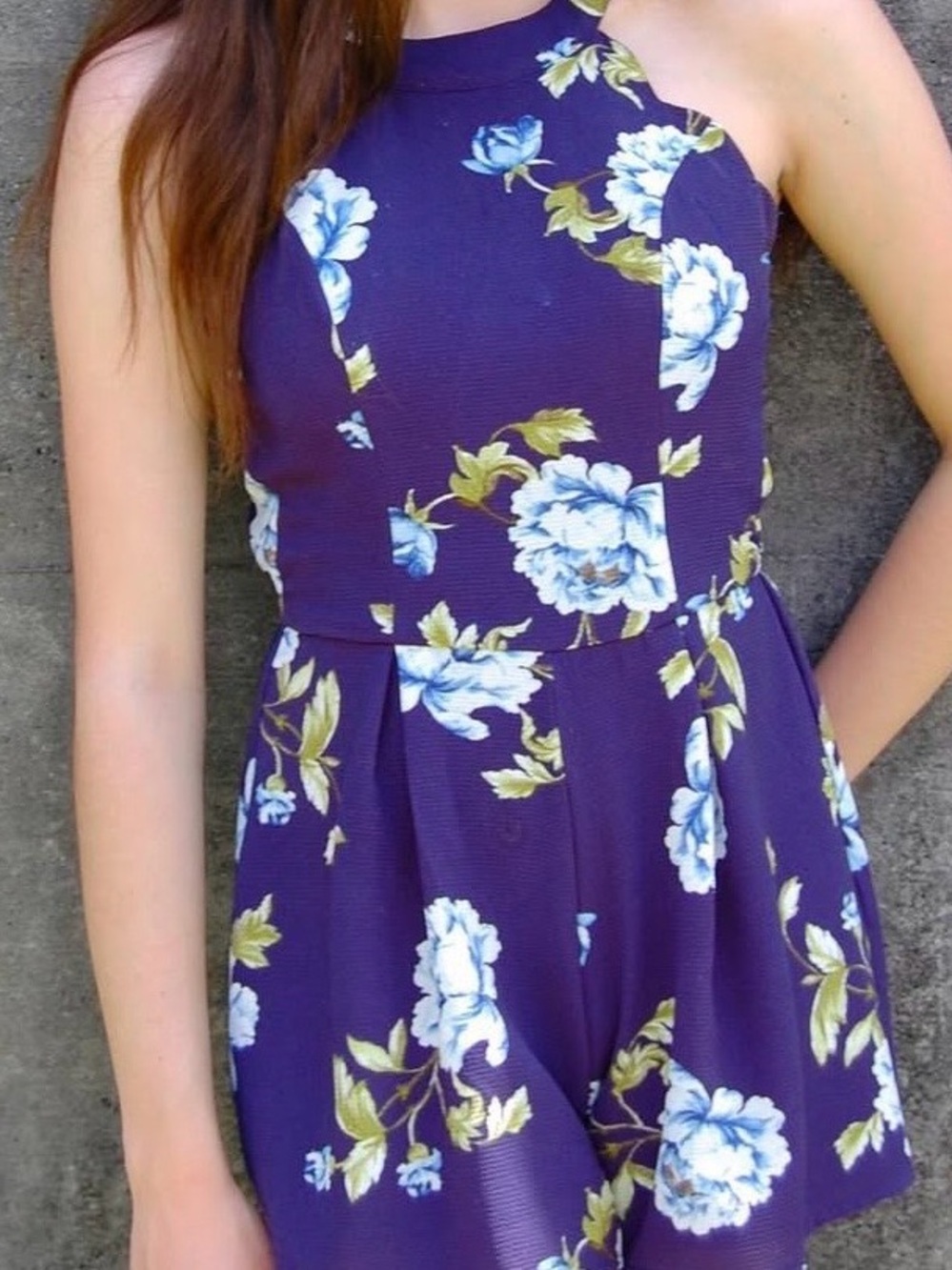 Altar'd State Scalloped Navy Floral Halter Romper with White & Green Accents